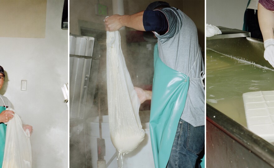 Left: Jiandong Ma filters soy milk. Center: Jason Ogata filters the soy milk before the curdling process. Right: The tofu is cut by hand on wooden blocks floating in water.