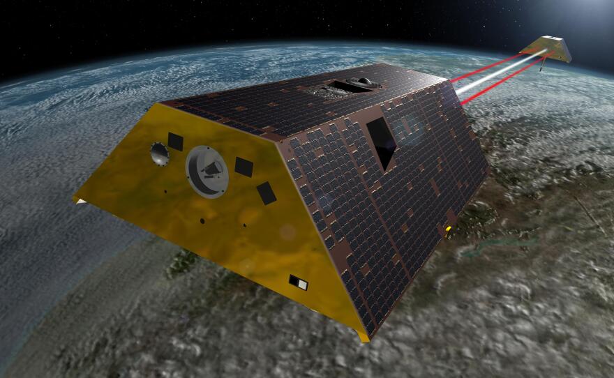 The Gravity Recovery and Climate Experiment Follow-On (GRACE-FO) mission, shown in an artist's rendering, will measure tiny fluctuations in Earth's gravitational field to show how water moves around the planet.