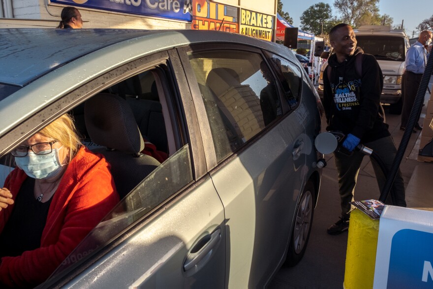 Volunteers for the "``Gas Me Up" gasoline giveaway event spent the morning filling up tanks for those in need, San Diego March 14, 2022.