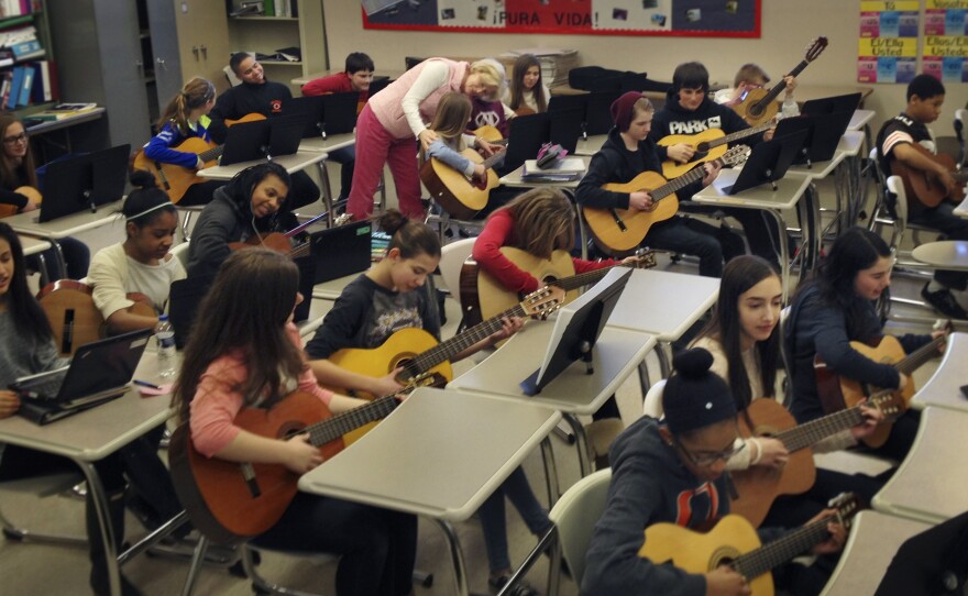 Zielke teaches eighth-graders to play the 12-bar blues in general music class.