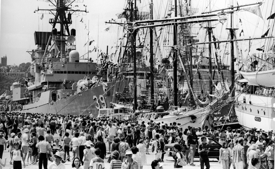 Crowds filled a pier at New York Harbor to see an international parade of tall ships as part of the bicentennial celebrations in July 1976.