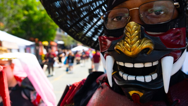 Ray McGaughy of Poway is dressed as a samurai warlord during Comic-Con, July 24, 2026.