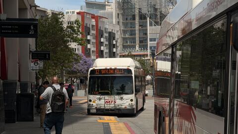 Metropolitan Transit System (MTS) buses arrive at the 12th & Imperial Transit Center on April 16, 2026.