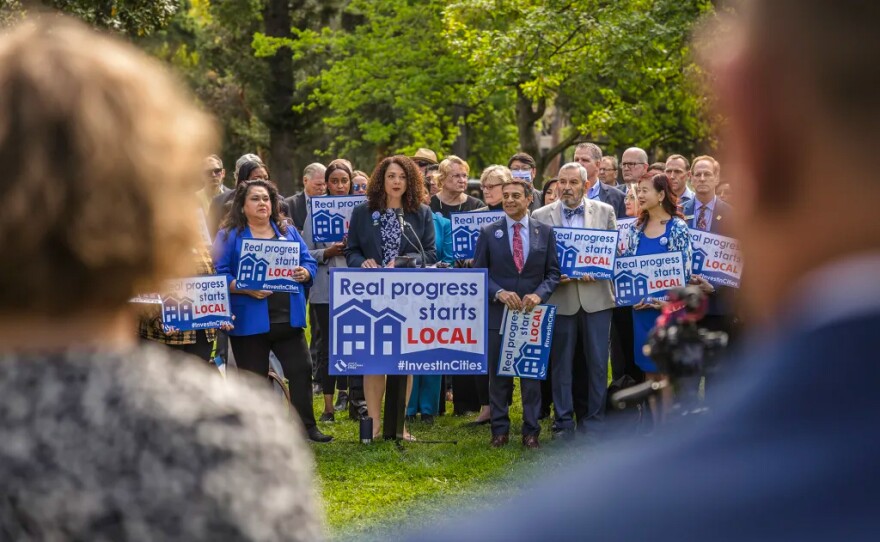 San Luis Obispo Mayor Erica Stewart speaks during a press conference on a request for $3 billion a year more for local homelessness programs at the state Capitol in Sacramento on April 12, 2023.