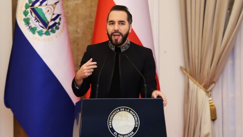 El presidente de El Salvador, Nayib Bukele, habla durante una conferencia de prensa con el presidente electo de Chile en el palacio presidencial en San Salvador, El Salvador, el viernes 30 de enero de 2026.