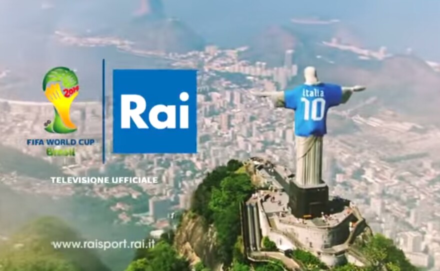 A video image from an advertisement run by Italian state broadcaster RAI showing Christ the Redeemer in an Italian soccer jersey.