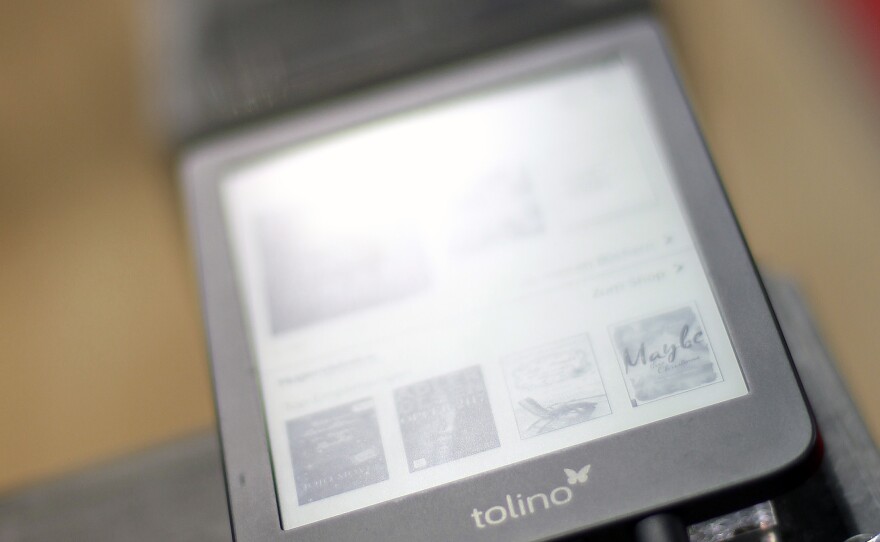 E-readers are lined up at the 2019 Frankfurt Book Fair in Germany.