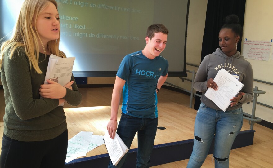 After participating in tolerance workshops for two days, Maddie Kennedy (left), Josh Gladstone and Raven Bogues practice being presenters before they run the same workshops for their peers.