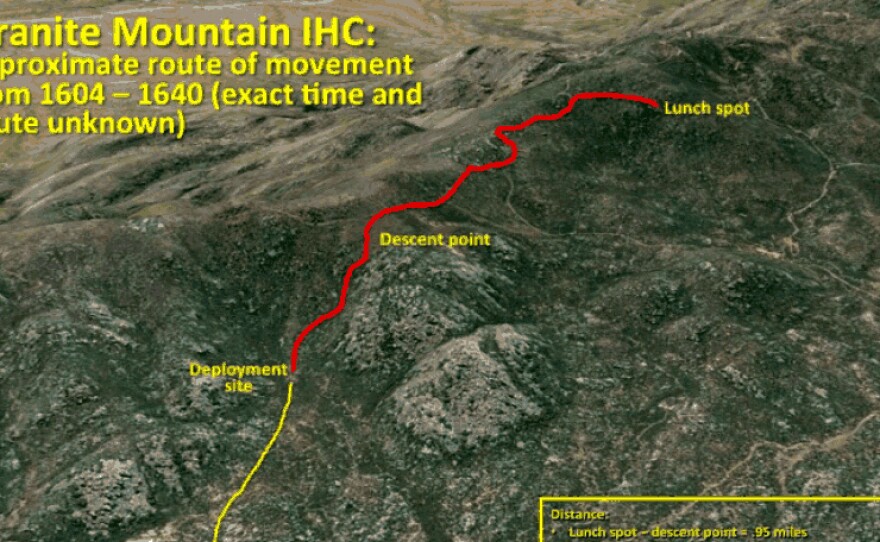 A map shows the movements of the Granite Mountain Hotshot crew as they fought the Yarnell Hill fire in late June.