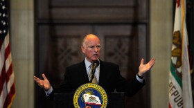 California Gov. Jerry Brown speaks during a speech at Los Angeles City Hall on January 18, 2012 in Los Angeles, California. 