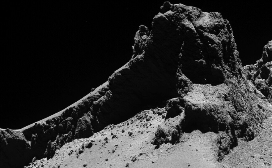 A section of the smaller of Comet 67P/Churyumov–Gerasimenko's two lobes, seen through Rosetta's narrow-angle camera from a distance of about 8 kilometers from the surface last October.
