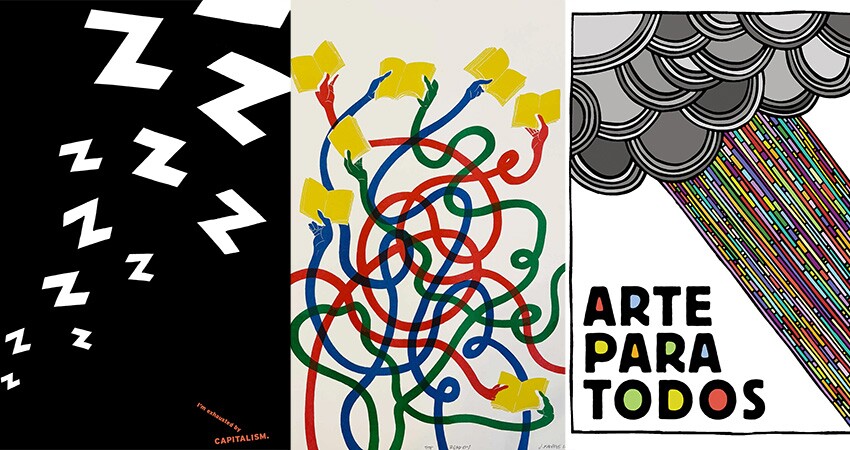 Three risograph posters by artist Josh MacPhee are shown in a collage, part of "Paper Politics," on view through May 17 at Burn All Books' & Friends Gallery.