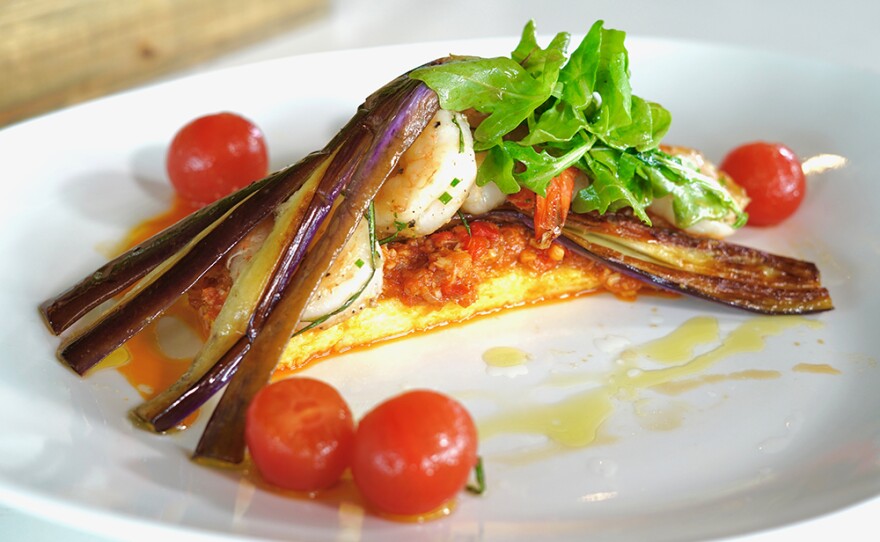 Master chef Susur Lee makes a Grilled Eggplant on Polenta Crouton, served with a Tuna XO, and a simple arugula salad with a lemon and olive oil dressing.