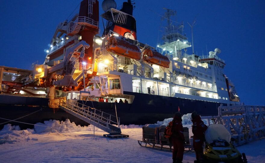 The German icebreaker Polarstern is moored to a piece of ice that scientists hope to drift with and study for the next year.