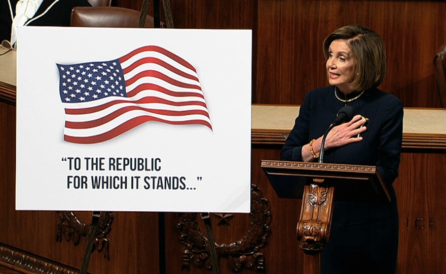 House Speaker Nancy Pelosi, D-Calif., speaks as the House of Representatives debates the articles of impeachment against President Trump on Wednesday.