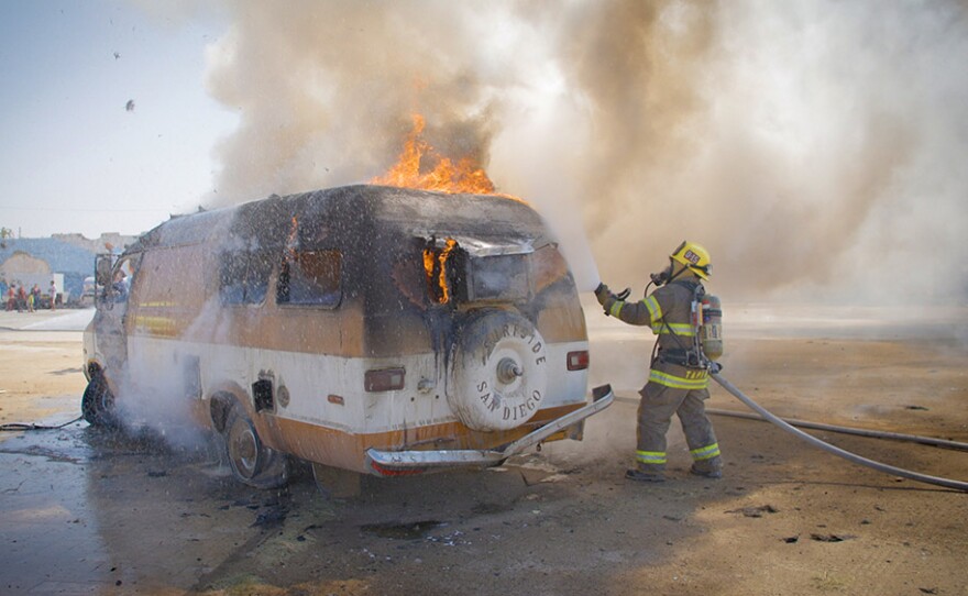 Rosarito firefighters have a simulated car fire as a training session