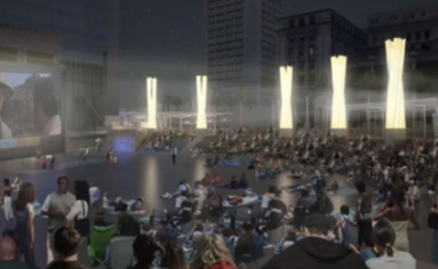 A rendering of a movie projected onto a building in the new Horton Plaza park.