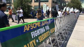 AFSCME 3299 union members rally outside UC San Diego's Jacobs Medical Center, May 7, 2018. 