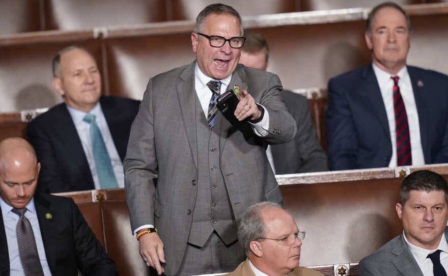 Rep. Mike Bost, R-Ill., interrupts Rep. Matt Gaetz, R-Fla., as he nominated Rep. Jim Jordan, R-Ohio, in the House chamber as the House meets for the fourth day to elect a speaker.