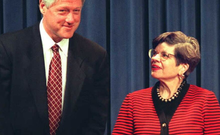 President Bill Clinton stands with Alice Rivlin, director of the U.S. Office of Management and Budget, at the White House on March 19, 1996. Rivlin was the first woman to hold that post.
