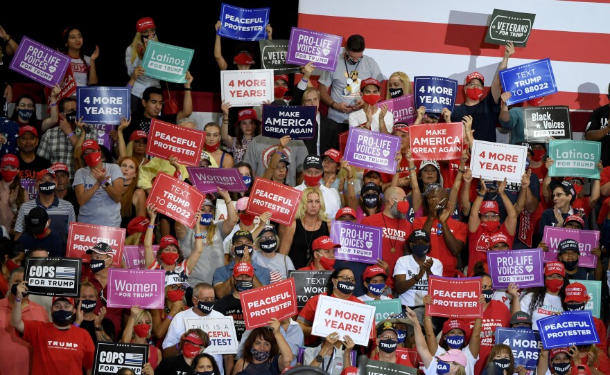 Supporters of President Trump hold up signs during an indoor campaign event for him on Sunday in Henderson, Nev. Nevada is a state that Democratic presidential candidate Hillary Clinton won in 2016 but that Trump is trying to flip.