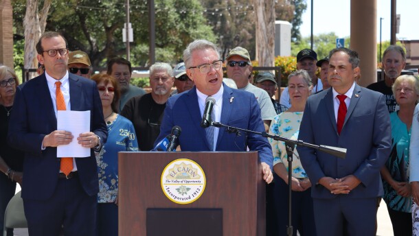 Mayor Bill Wells speaks outside El Cajon City Hall on Wednesday, April 29, 2026.