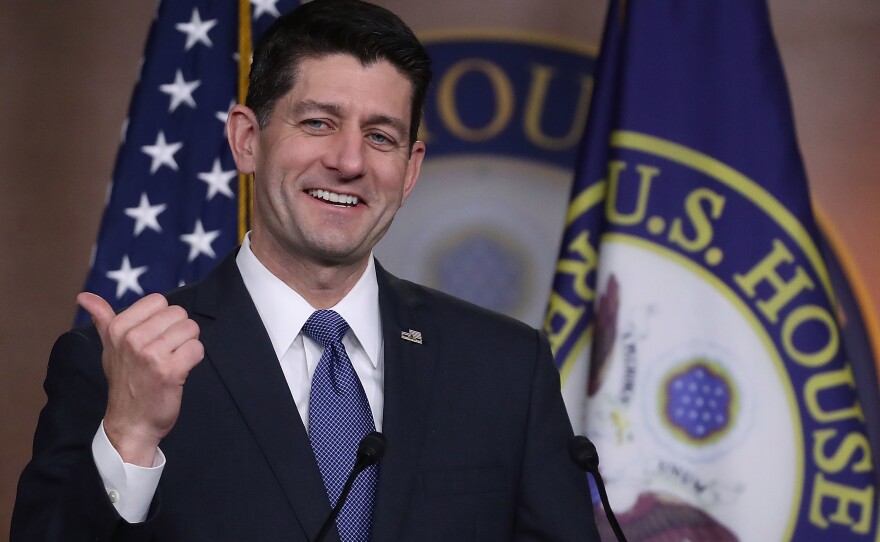 House Speaker Paul Ryan (R-WI), speaks about the Republican tax reform legislation currently before Congress, during his weekly briefing on Capitol Hill December 14.