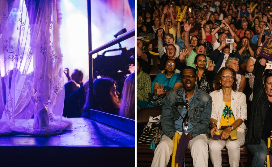 Left: A performer dances during the official opening of the Hard Rock Hotel and Casino in Atlantic City, N.J. on Thursday. Right: Patrons cheer during a performance for the opening ceremonies on opening day of the Hard Rock Hotel and Casino in Atlantic City, N.J. on Thursday.