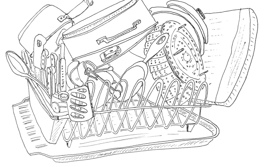 John Donohue's holistic approach to weeknight meals includes calming himself by drawing the dish rack. "What I love about the dish rack is that it's an automatic still life," he says. "It's almost always full of pots and pans, and it's always different."