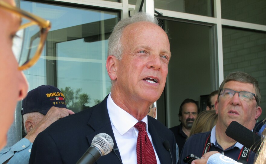 Sen. Jerry Moran, R-Kan., speaks to reporters following a town hall meeting earlier this month. Moran and Utah Sen. Mike Lee joined the "no" vote on the Republican-sponsored Obamacare replacement bill.