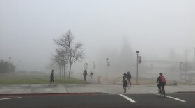Students walk on to the San Diego State University campus amid the fog, Jan. 21, 2016.