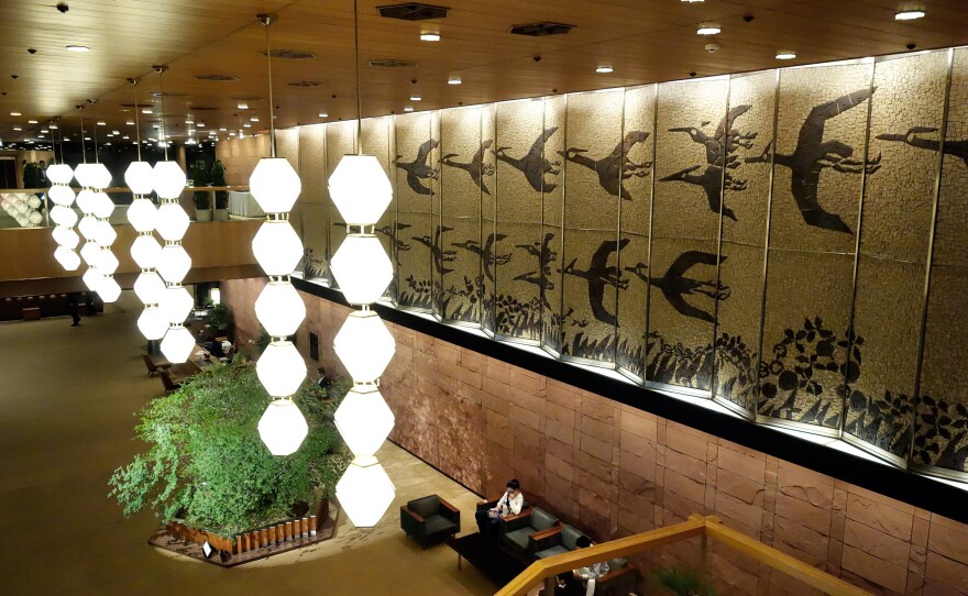 Hotel Okura's south building is remaining open during the renovation. The lobby, seen here, is similar to the main building in its mid-century modern design, but the south building is considered less architecturally significant overall.