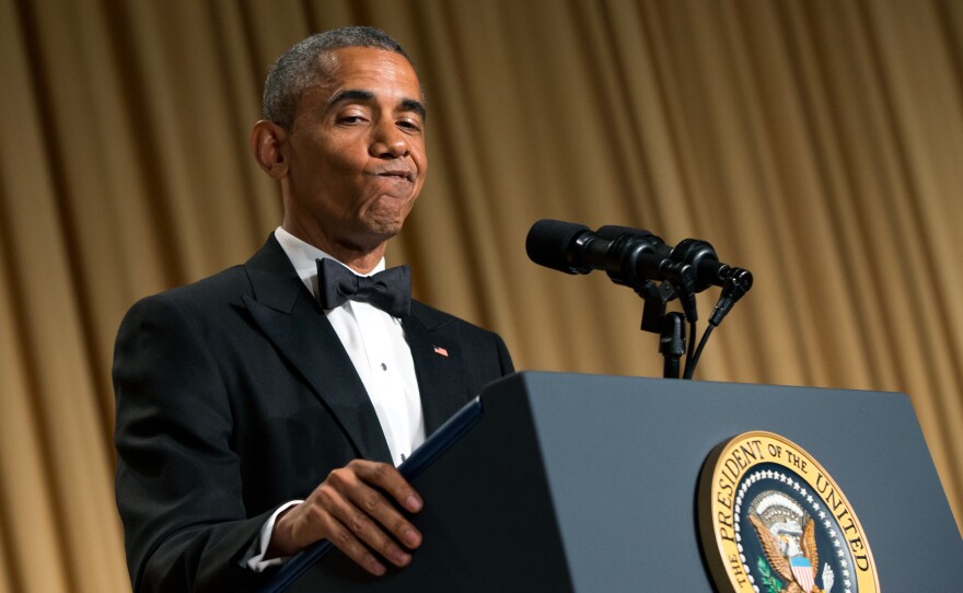 President Obama delivers remarks during the White House Correspondents' Association dinner in April.
