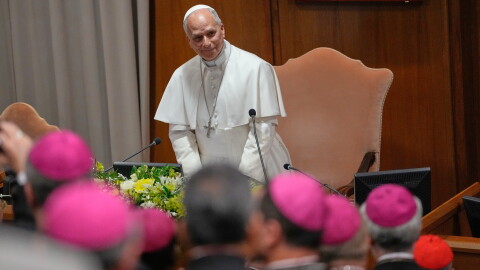 Pope Leo XIV attends the presentation of his first encyclical, "Magnifica humanitas," at the the Vatican on May 25, 2026.