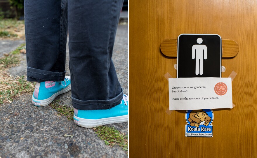 Reverend AJ Buckley wear trans pride themed shoes at St. David of Wales Episcopal Church. Signs at the church welcome people to use the bathroom of their choice.