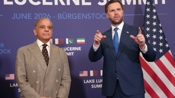 U.S. Vice President JD Vance, right, meets with Pakistan's Prime Minister Shehbaz Sharif, during high-level talks aimed at advancing a deal to end the Middle East conflict, at the Bürgenstock Resort in Obbuergen, near Lucerne, in Switzerland, Sunday, June 21, 2026.