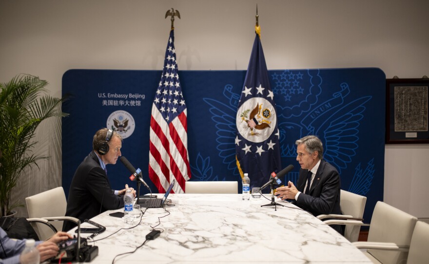 Secretary of State Anthony Blinken speaks at an interview with NPR's Steve Inskeep in Beijing, China.