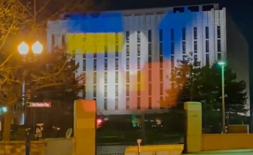 Benjamin Wittes and a group of demonstrators in Washington, D.C., teamed up to project two large Ukrainian flags against the Russian Embassy for nearly four hours Wednesday night.