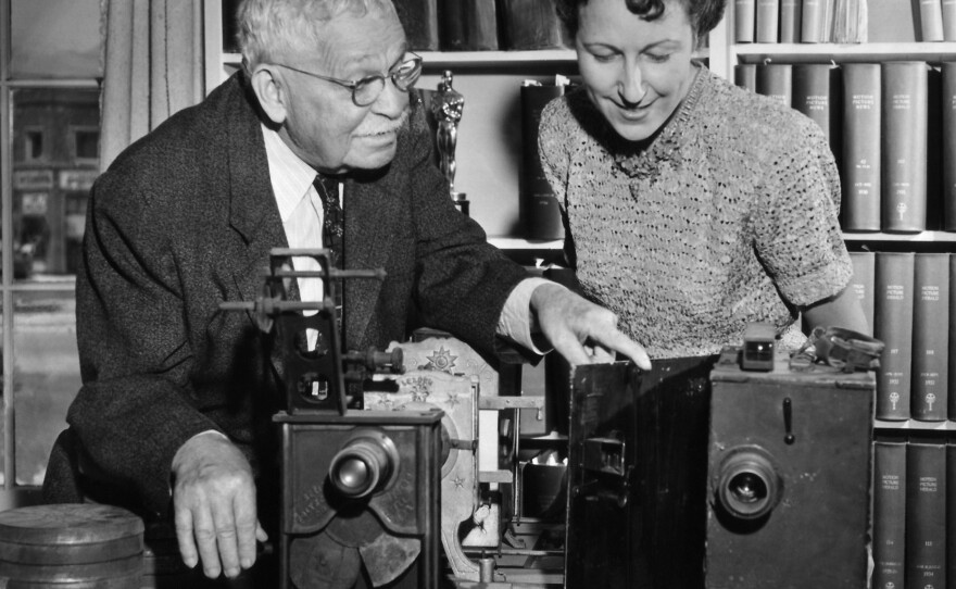 Margaret Herrick, the executive director of the Academy of Motion Picture Arts and Sciences in Hollywood, pictured with film pioneer Col. William Selig in 1947. She also took credit for coining the nickname, apparently after her uncle.