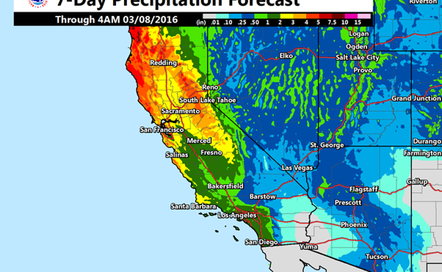 A storm system is expected to move into San Diego County on Sunday, bringing up to 1 inch of rain along the coast and 2 inches in the mountains, according to the National Weather Service, March 1, 2016.