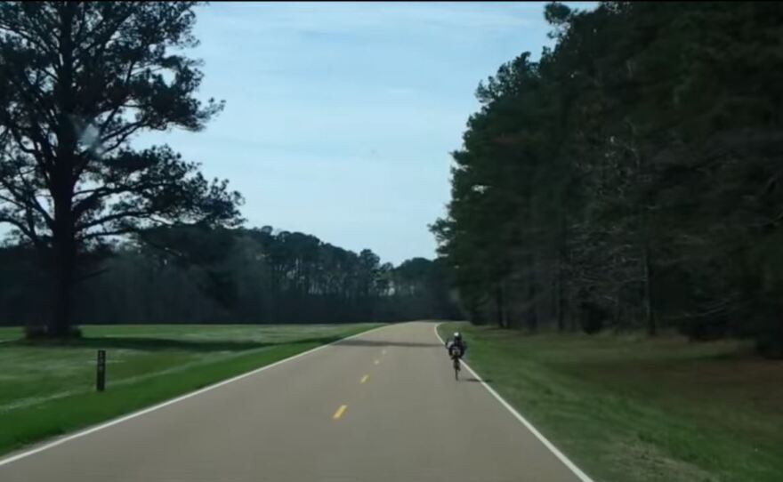 Kurt Searvogel on the road, early in his year-long cycling feat.