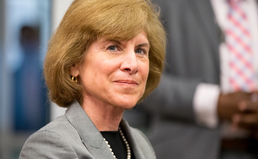 American Red Cross President and CEO Gail McGovern attends a roundtable with President Obama regarding the 10th anniversary of Hurricane Katrina in New Orleans on Aug. 27, 2015.