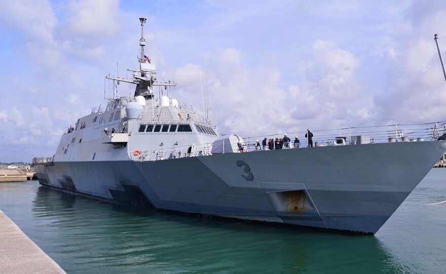 The littoral combat ship USS Fort Worth departs Changi Naval Base, Singapore, on Aug. 22, after sitting idle for months.