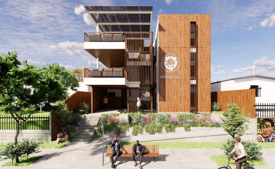 An artist's rendering shows the design for Bethel One, an affordable housing complex under construction in Logan Heights.