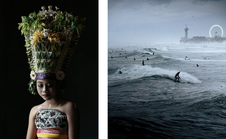 Left: A woman in Bali wears a headpiece made of flowers and leaves. Right: Surfers go for an evening ride at a beach by The Hague, Netherlands.