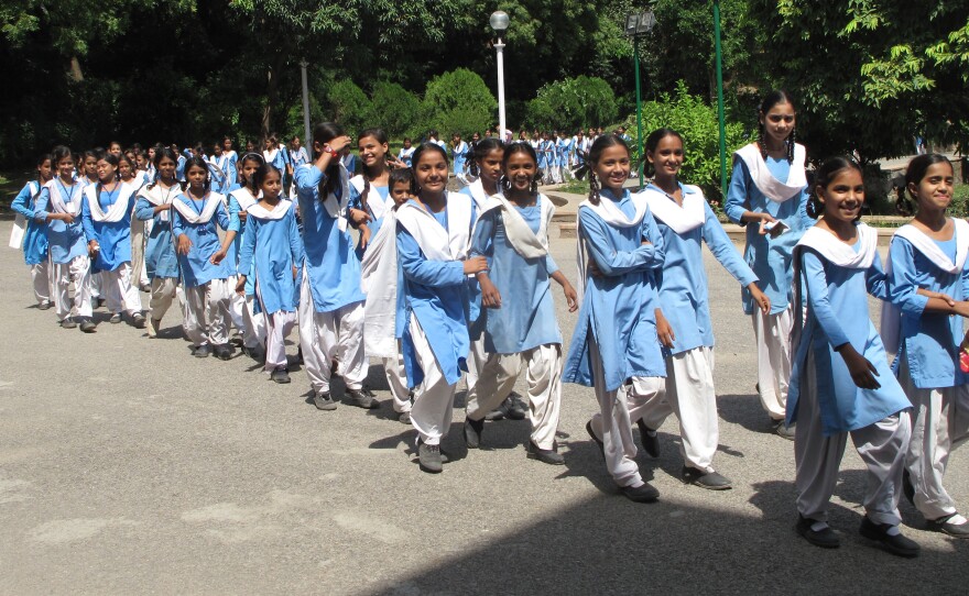 Schoolgirls visit the Nehru Memorial Museum and Library.