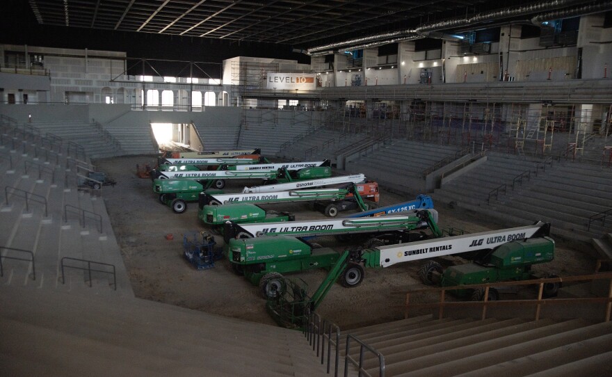 Construction equipment parked in the new Frontwave arena in Oceanside on March 11, 2024.