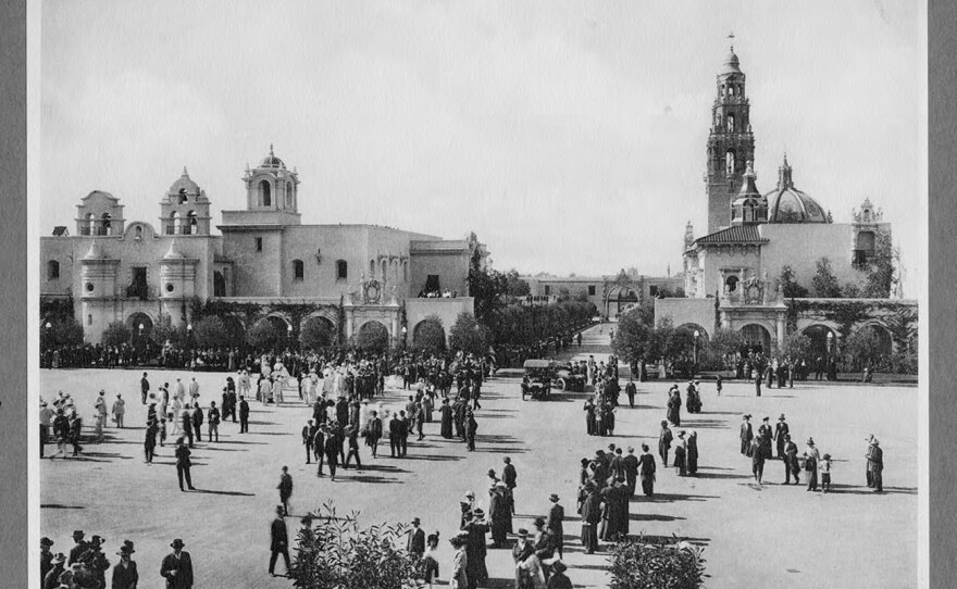 A 1916 photograph shows the House of Charm and Balboa Park's plaza in use, including the terraces above the arcade. The photo inspired architect Jennifer Luce to re-establish those terraces for museum visitors.