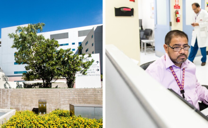 The Los Angeles County-USC Medical Center is the county's biggest and busiest public hospital. Walfred Lopez, a community health worker at the center, looks over a patient's health record.
