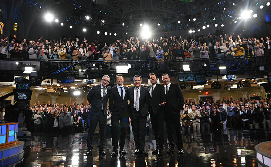 The Late Show with Stephen Colbert and guests Jimmy Kimmel, Jimmy Fallon, John Oliver, and Seth Meyers during Monday's May 11, 2026 show.